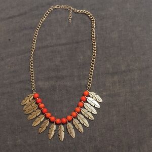 Gold and Red Feather Necklace